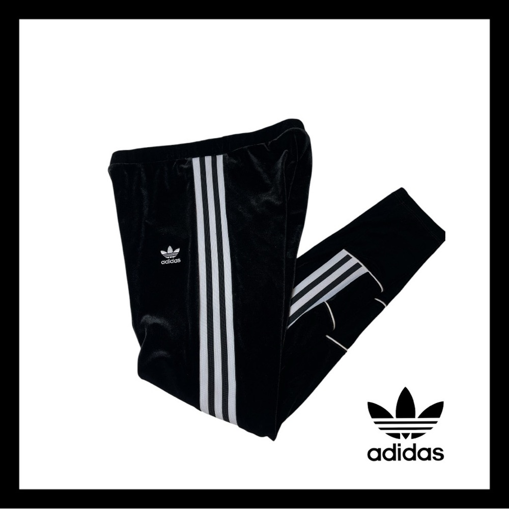 Adidas Black Three-Stripe Track Pants Velour Velvet Legging Y2K